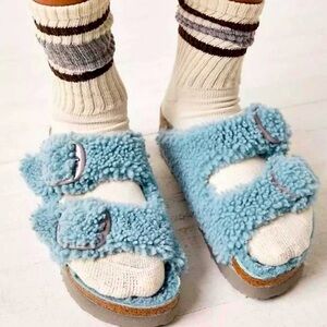 Papillio by Birkenstock Teddy Sherling Blue Platform Big Buckle Sandals